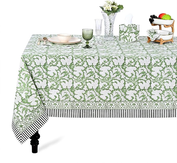 Ridhi Hand Block Print Sage Green Rectangle Cotton Tablecloth 118" x 70" Reusable Table Cover Decorative Everyday Use for Dining, Farmhouse, Home Gift for Spring, Easter, Valentine