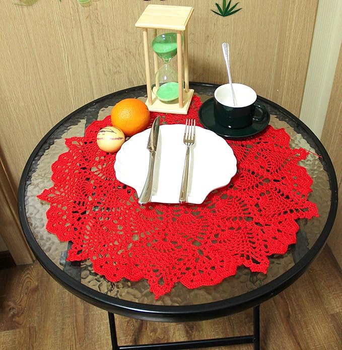 BIBITIME Lace Tablecloth Doily Handmade Crochet Placemat Women Vase Mat Kitchen Table Runner (2PCS- 18 in to 20 in, Red)