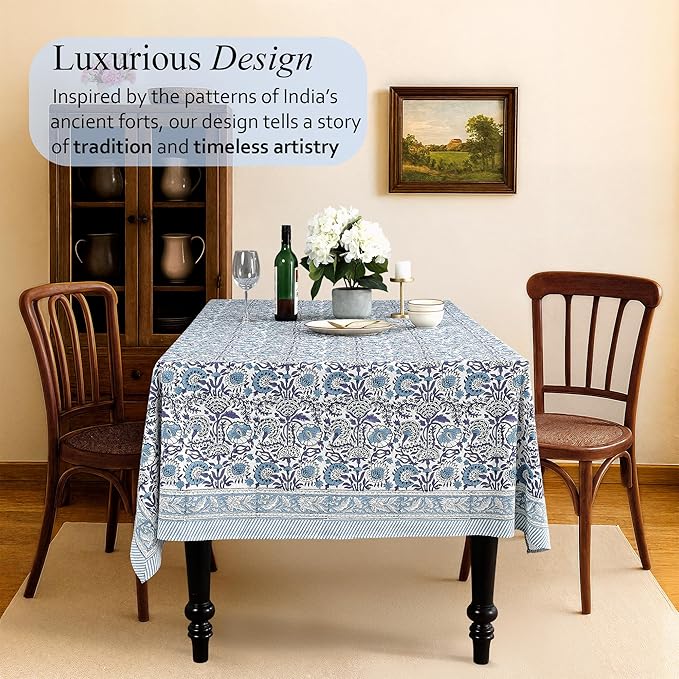 CPC Tablecloth 100% Cotton 60x60 Inch Indian Block Print Square Table Cover, Table Cloth for Weddings, Spring/Summer, Barbeque - Indigo Blue