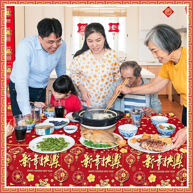 3 Pack Chinese New Year Decorations 2026, 54 x 108 Inches Red Plastic Table Cloths, Disposable Lunar New Year Table Cloth Rectangle Tablecloths Tablecover, Spring Festival Year of the Horse Decor