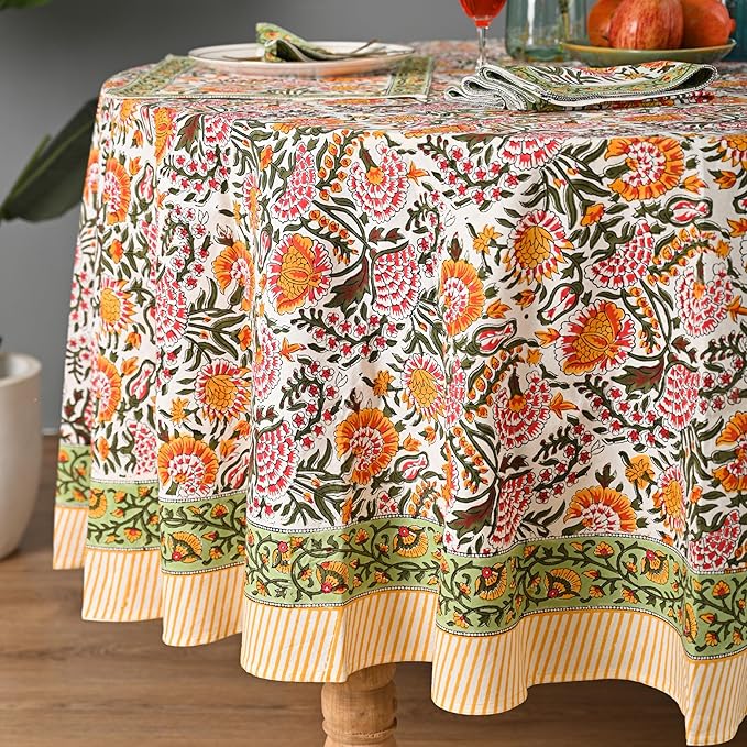 Hand Block Printed Cotton Tablecloth – Elegant Floral Design Perfect for Dining Table Kitchen Parties Home Decor, Wall Tapestry (Yellow Sunflower, 10 Seater 108 Inches Round)