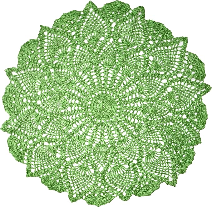 BIBITIME Lace Placemats Table Doilies Round Handmade Crochet Doily Kitchen Coffee Cup Mug Mats Dinner Place Mats (16 to 17.5 inches-2PCS, Light Green)