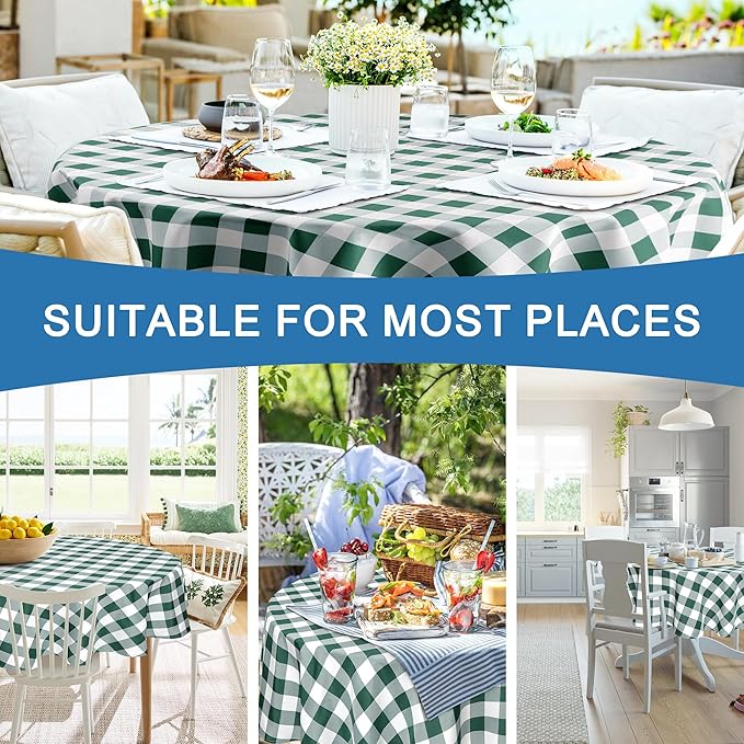 Hiasan Christmas Checkered Round Tablecloth 50 Inch - Waterproof Stain and Wrinkle Resistant Washable Fabric Table Cloth for Dining Room Party Outdoor Picnic, Forest Green and White