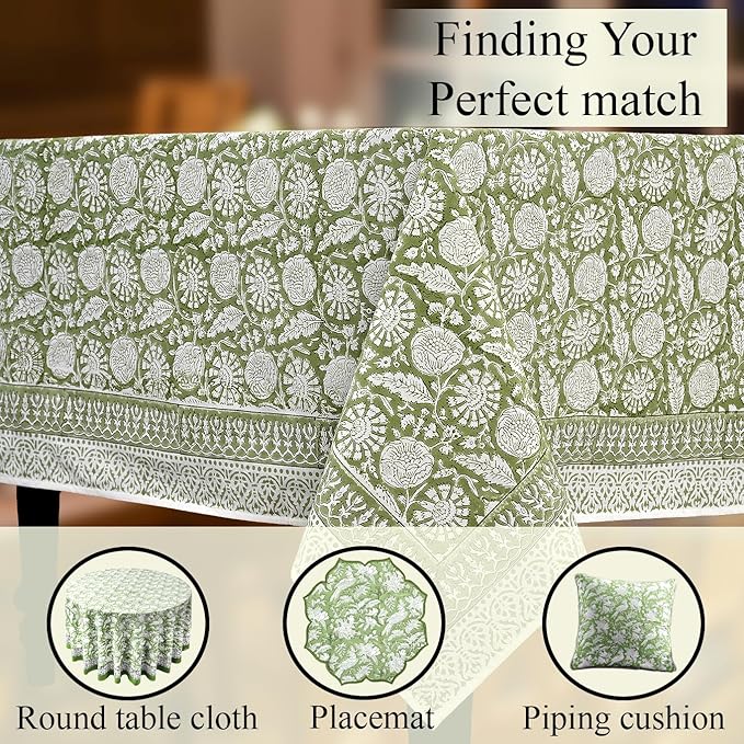 CPC Olive Bloom Tablecloth 100% Cotton 70x108 Inch Indian Block Print Rectangle Table Cover, Table Cloth for Gifting in Weddings, Halloween, Fall, Christmas, Thanksgiving