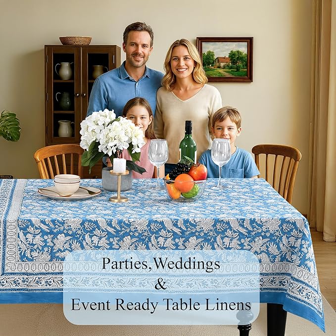 CPC Tablecloth 100% Cotton 70x108 Inch Indian Block Print Rectangle Table Cover, Washable Table Cloth for Weddings, Spring/Summer, Barbeque - Blue Sapphire