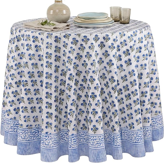ATOSII Gulbahar Blue 100% Cotton Fall Round Tablecloth, Handblock Print Floral Table Cloth for Kitchen Dining Linen I Thanksgiving, Christmas, Weddings, Outdoors, Parties I 60" Inches I 4 Seater Table