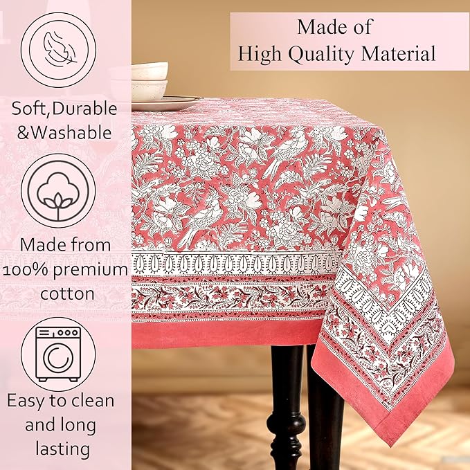 CPC Tablecloth 100% Cotton 72x140 Inch Indian Block Print Rectangle Table Cover, Red Table Cloth for Weddings, Spring/Summer, Barbeque - Pink Coral
