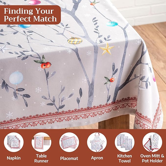 Maison d' Hermine Table Cloth Rectangle Table 100% Cotton 60 x 108 Inches Fall Tablecloth Reusable Everyday Use for Thanksgiving Christmas Decorations Dining Farmhouse Party (Fairy Christmas)