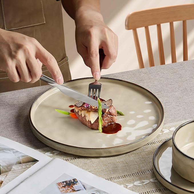 Herogo Dinnerware Dishes Sets, 18 Pieces Plates and Bowls Sets for 6, Kitchen Serving Dishes, Dishwasher & Microwave Safe, Cream Khaki