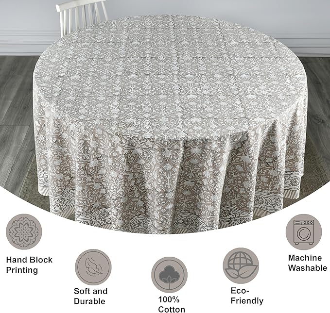 Ridhi Block Print Round Taupe Reusable Tablecloth 100% Cotton 120" Inch Decorative Table Cover eveyday Dining, Home, Party, Wedding, Farmhouse Gift for Spring, Easter, Valentine