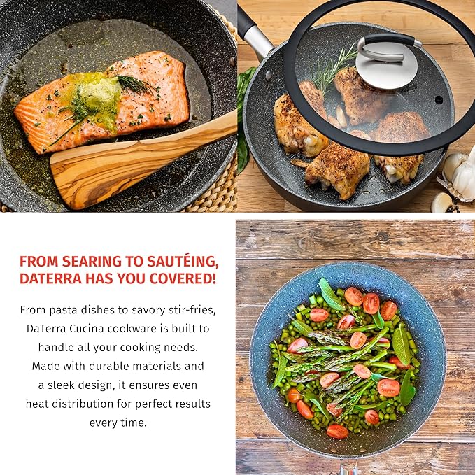 DaTerra Cucina Nonstick Essentials Bundle – 2.6 Qt Sauce Pan, 11" Fry Pan, 13" Wok, All with Lids and 5-Piece Olive Wood Cooking Utensil Set, Oven Safe, Made in Italy – Durable Ceramic Coating, Black