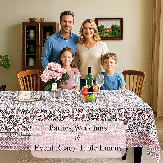 CPC Tablecloth 100% Cotton 60x60 Inch Indian Block Print Square Table Cover, Table Cloth for Weddings, Spring/Summer, Barbeque - Red Garnet