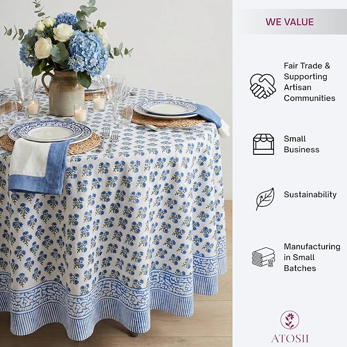ATOSII Gulbahar Blue 100% Cotton Fall Round Tablecloth, Handblock Print Floral Table Cloth for Kitchen Dining Linen I Thanksgiving, Christmas, Weddings, Outdoors, Parties I 90" Inches Diameter
