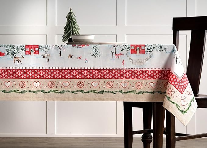 Maison d' Hermine Table Cloth Rectangle Table 100% Cotton 70 x 108 Inches Fall Tablecloth Reusable Everyday Use for Thanksgiving Christmas Decorations Dining Farmhouse Party (Rural Christmas)