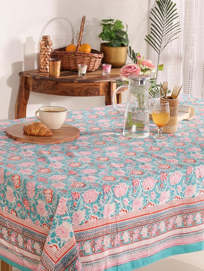 Hand Block Printed Table Cover - Exquisite Design, Premium Cotton Fabric, Perfect for Dining and Decor, Dining Table Linen (Green Delight, 12 Seater 72 x 135 Inches Rectangle)
