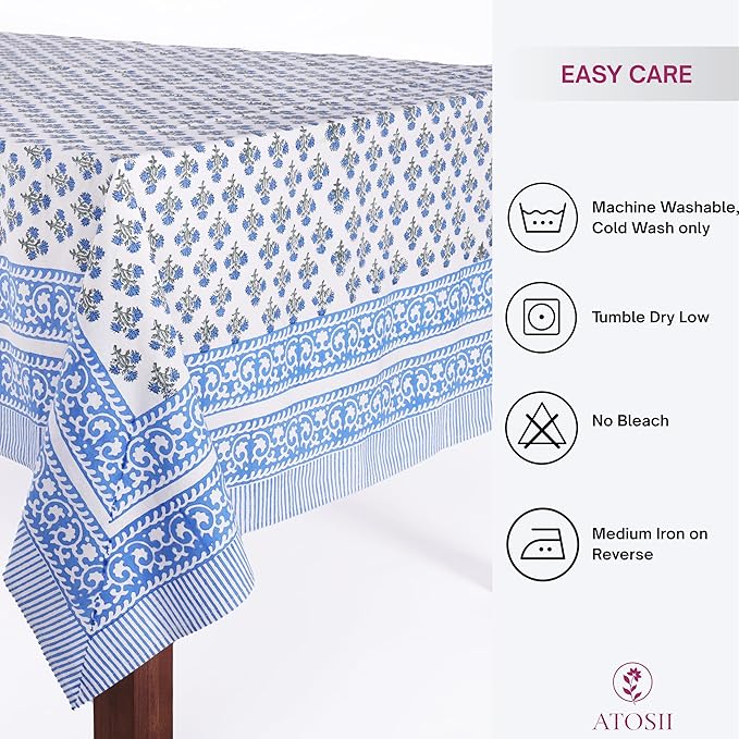 ATOSII Gulbahar Blue 100% Cotton Fall Rectangle Tablecloth, Handblock Print Floral Table Cloth for Kitchen Dining Linen I Thanksgiving Christmas Weddings Outdoors I 72 X 140 Inches I 12 Seater