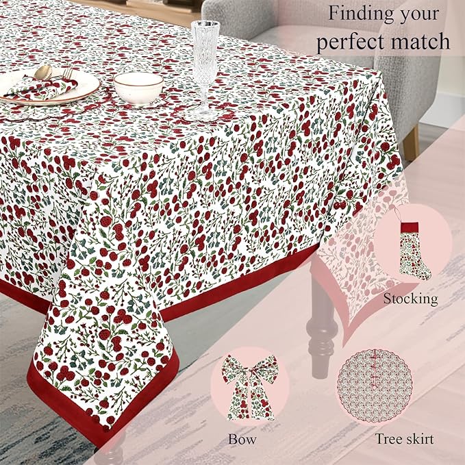 Ridhi Garnet Red and Emerald Green Indian Floral Hand Block Printed Cotton Cloth Tablecloth, Table Cover, Farmhouse Thanksgiving Christmas 4 Seater 60x60 Inches Square