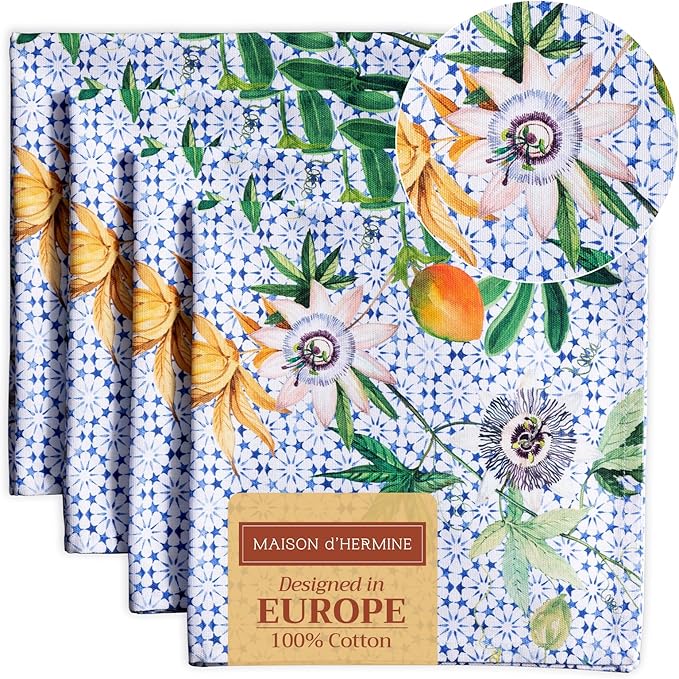 Maison d' Hermine Cloth Napkins Set of 4 100% Cotton Everyday Reusable Square Napkins Cloth Washable Dinner Party Wedding Restaurant Valentines Day Decorations Spring/Summer (Passiflora, 20" x 20")
