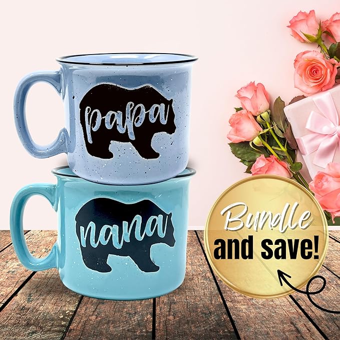 Brooke & Jess Designs Nana and Papa Bear Cute 15 oz Coffee Mugs for Grandma and Grandpa, Mother's Day, Father's Day Birthday (Nana Bear Teal and Papa Bear Light Blue Gift Set)