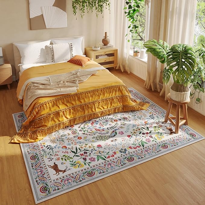 Rugcomf Living Room Rug 5x7 Rug Machine Washable Area Rug Floral Non-Slip Low Pile Large Rugs for Living Room, Bedroom, Farmhouse, Dining Room, Kids Playroom(Colorful)