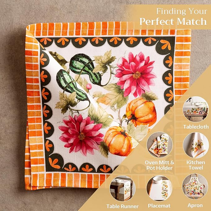 Maison d' Hermine Cloth Napkins Set of 4 100% Cotton for Thanksgiving Christmas Decorations Everyday Reusable Square Fall Napkins Cloth Washable Dinner Party (Pumpkin Garden - Cloudy Cream, 20"x20")