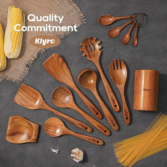 Wooden Spoons for Cooking, Nonstick Kitchen Utensils Set with 4 Piece Measuring Spoons, Comfort Grip Wooden Spatula Set, 9 Piece Teak Wooden Cooking Utensils with Holder and Spoon Rest