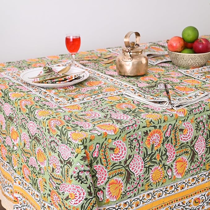Hand Block Printed Cotton Tablecloth Elegant Floral Design,Dining Table Kitchen, Parties Home Decor, Wall Tapestry (Daisy Sunshine, 12 Seater 72 x 135 Inches Rectangle)