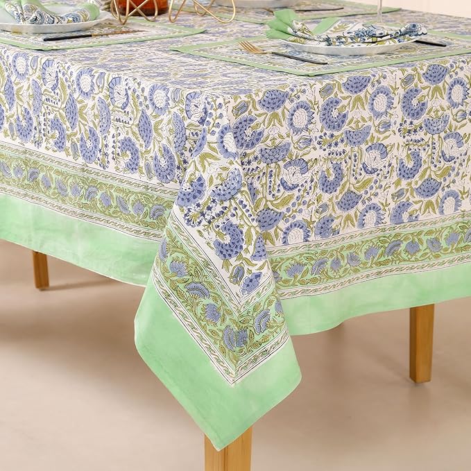 Hand Block Printed Table Cover - Exquisite Design, Premium Cotton Fabric, Perfect for Dining and Decor, Dining Table Linen(Moss Green,6 Seater 60 x 90 Inches Rectangle)