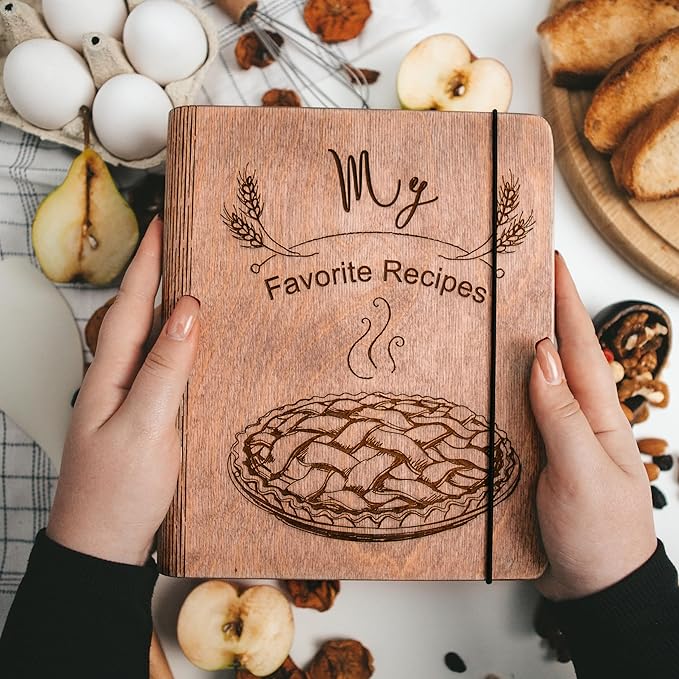 ENJOY THE WOOD Personalized Recipe Book Binder - Wooden Blank Family Cookbook Journal to Write in Your Own Recipes - Customized Recipe Binder, Recipe Books to Write in, Hardcover (Small (A6), Pie)