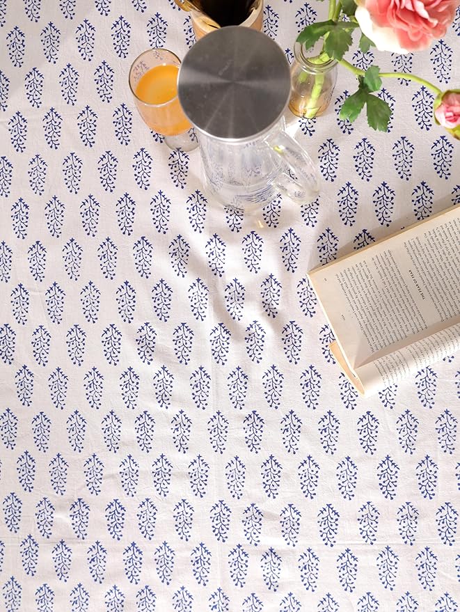 Hand Block Printed Table Cover - Exquisite Design, Premium Cotton Fabric, Perfect for Dining and Decor, Dining Table Linen (Blue Buti, 6 Seater 72 Inches Round)