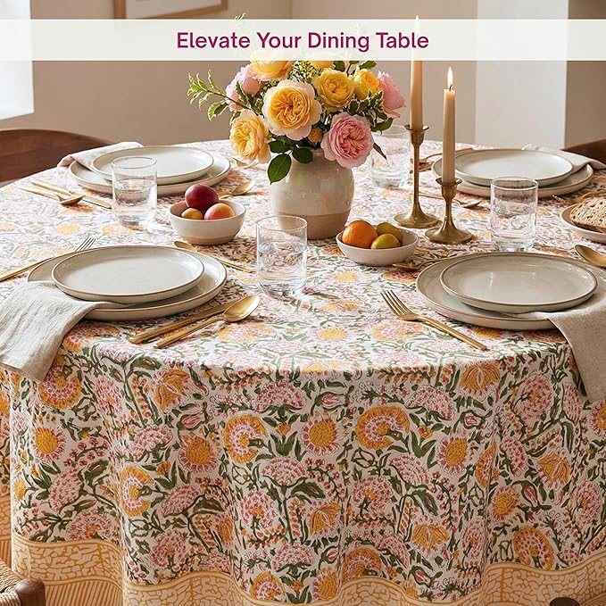 ATOSII Clover Yellow 100% Cotton Round Tablecloth, Handblock Print Floral Table Cloth for Kitchen Dining Linen I Parties, Weddings, Outdoors, Christmas, Thanksgiving I Fall Home Decor 72" Inches Round