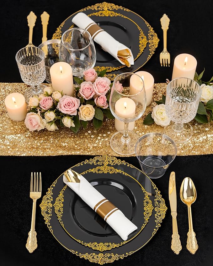 Nervure 175PCS Black Plastic Plates - Disposable Black Gold Party Plates & Pre Rolled Napkins with Cutlery for 25 Guests, 50Plates, 75Silverware, 25Cups, 25Napkin for Wedding & Party