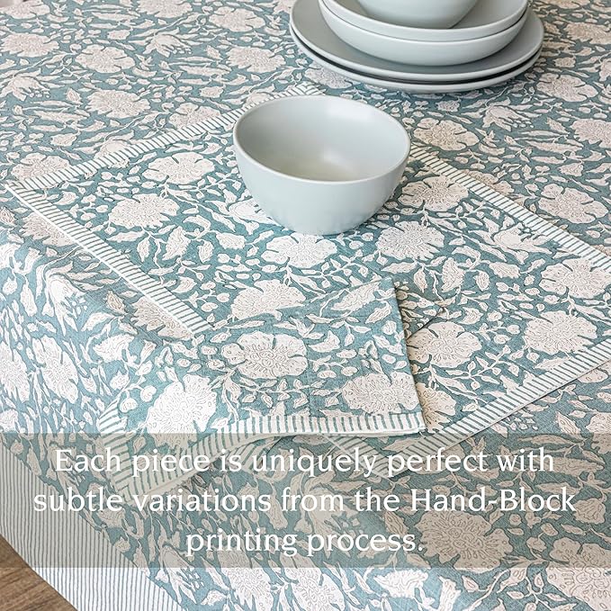Over&Back Hand-Screened Tablecloth - Dining Table Cover - Each Tablecloth is Unique - 100% Cotton - Machine Washable - Kitchen and Home Decor - Blue Floral - 70x90