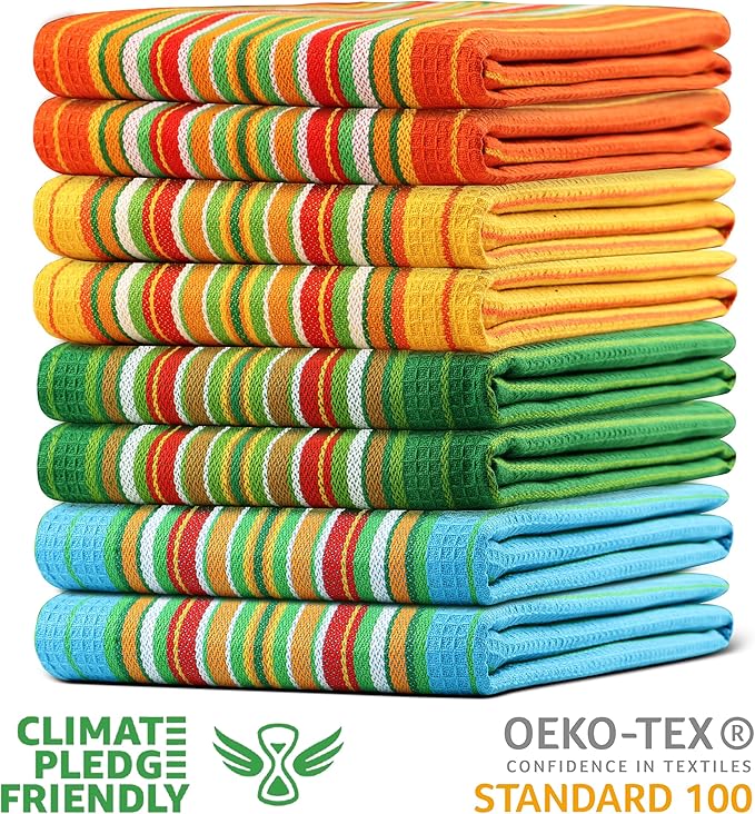 Urban Villa Kitchen Towels 100% Cotton Dish Towels for Kitchen(Set of 8)20”x30” Dish Cloths Highly Absorbent Kitchen Linen Set with Hanging Loop Perfect for Drying Dishes Cleaning Towels -Multi Color