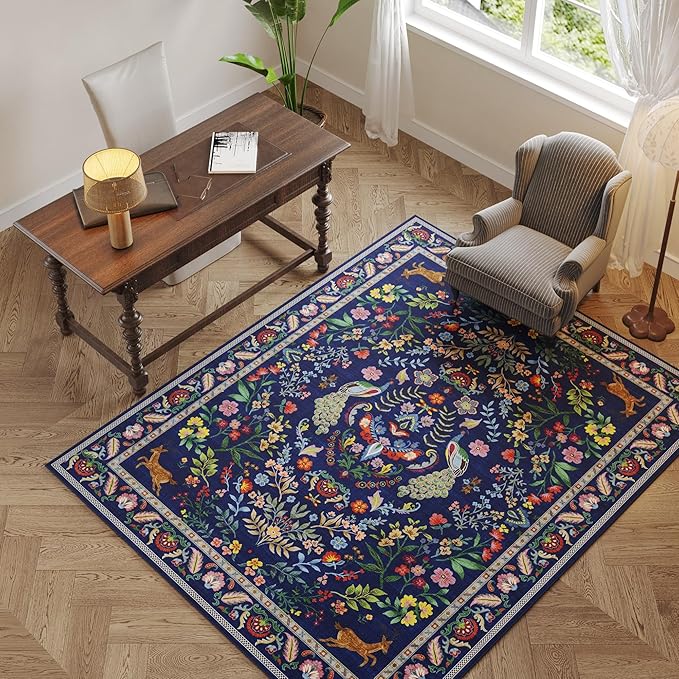 Rugcomf Area Rug 4x6 Rug Washable Rugs Floral Non Slip Low Pile Small Carpet for Bedroom, Bedside, Kids Room, Office, Dining Room(Blue)