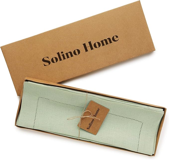 Solino Home Linen Placemats Set of 4 - Classic Hemstitch Sage Green Placemats 14 x 19 Inch - 100% Pure Linen Table Mats for Winter, Spring, Easter, St Patricks Day