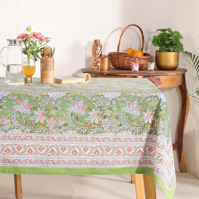 Hand Block Printed Table Cover - Exquisite Design, Premium Cotton Fabric, Perfect for Dining and Decor, Dining Table Linen (Forest Ash Elegance, 6 Seater 60 x 90 Inches Rectangle)