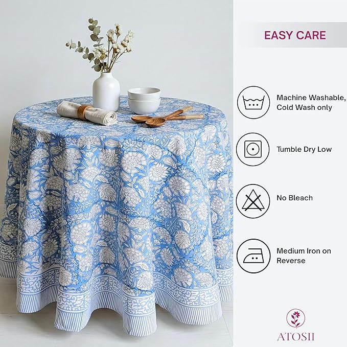 ATOSII Azora Blue 100% Cotton Round Tablecloth, Handblock Print Floral Table Cloth for Kitchen Dining Linen I Parties, Weddings, Outdoors I 90" Inches Round