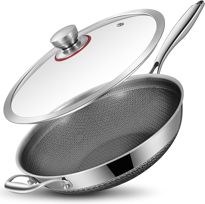 LOLYKITCH New Hybird 12 Inch Tri-Ply Stainless Steel Wok Pan with Lid,Ceramic Nonstick Stir Fry Pans,Induction Cooking Pan,Dishwasher and Oven Safe