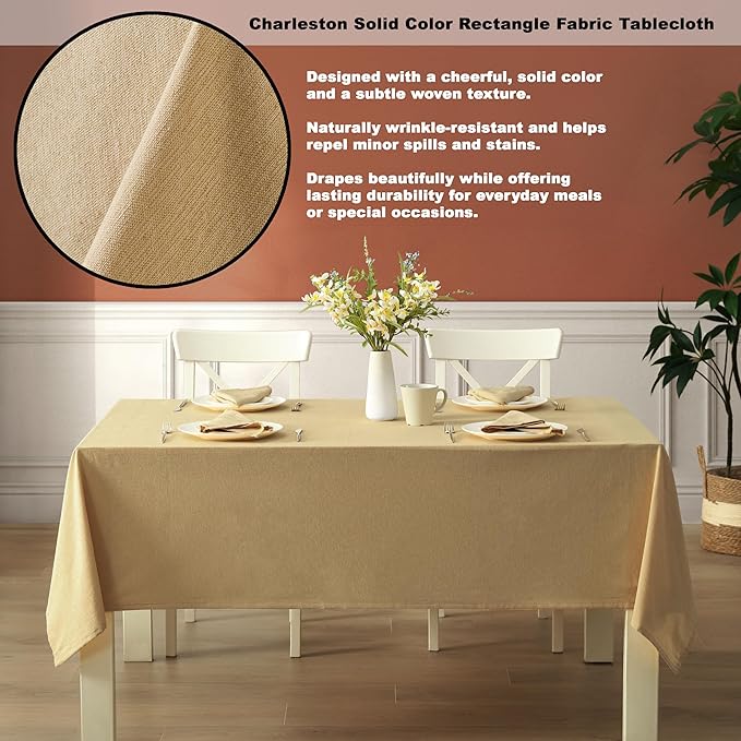 Spring & Easter Holiday Charleston Beige 52 x 70 inch Rectangle Fabric Tablecloth, Cotton Table Cover for Indoor Outdoor Dining, Machine Washable Solid Color Tablecloths for Everyday Use