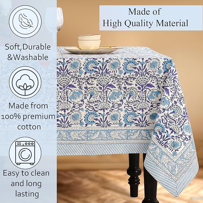 CPC Tablecloth 100% Cotton 72x190 Inch Indian Block Print Rectangle Table Cover, Blue Table Cloth for Weddings, Spring/Summer, Barbeque - Indigo Blue