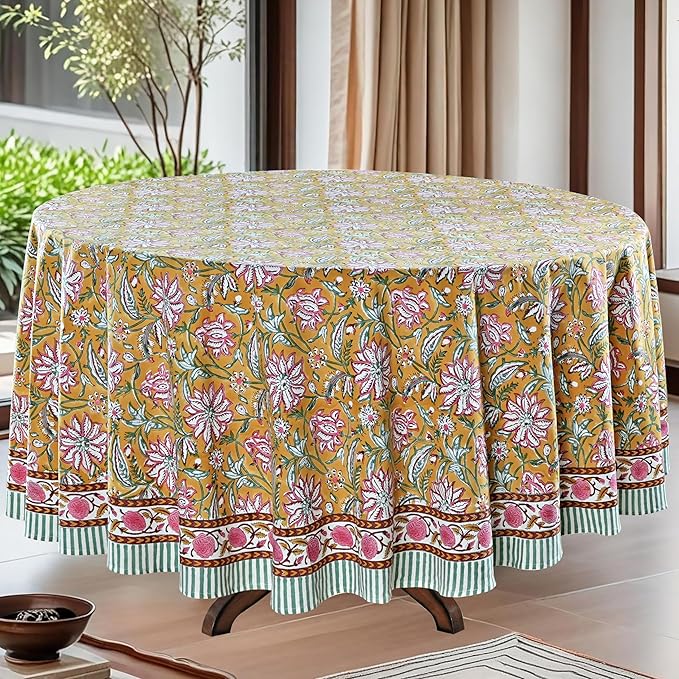 Ridhi Block Print Round Biscotti Yellow Reusable Tablecloth 100% Cotton 110" Inch Decorative Table Cover eveyday Dining, Home, Party, Wedding, Farmhouse Gift for Spring, Easter, Valentine