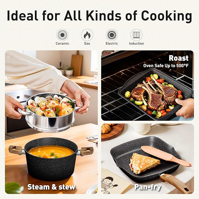 DishDelight Pots and Pans Set Non Stick, 17 Pieces Granite Kitchen Cookware Sets with Nonstick Granite Coating, Induction Cooking Set, Black