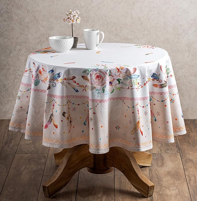 Maison d' Hermine Table Cloth Round Table 100% Cotton 69 Round Inches Tablecloth Reusable Decorative for Dining Room Farmhouse Home Valentines Day Decorations Spring Summer - Ibiza - Beige