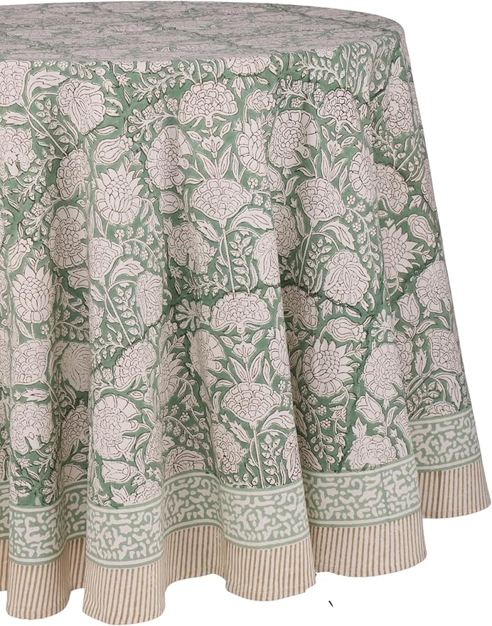 ATOSII Jade 100% Cotton Boho Round Tablecloth, Block Print Floral Table Cloth Linen for Dining, Parties, Weddings, Outdoors I Table Decor 90" Inches I