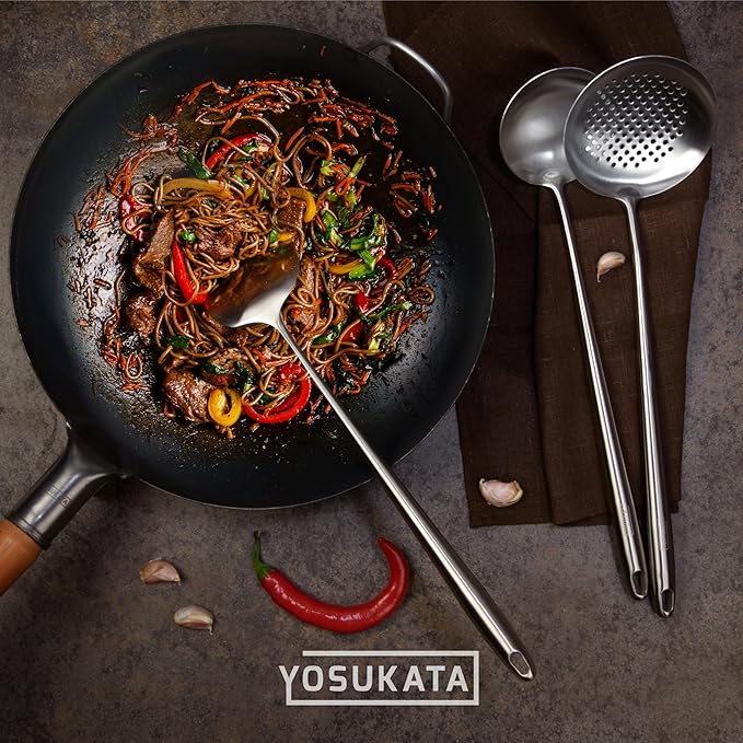 YOSUKATA Carbon Steel Wok Pan – 13,5 “ Stir Fry Pans + 17" Wok Spatula and Ladle Skimmer Spoon + Premium Cover 13.5 inch Lid