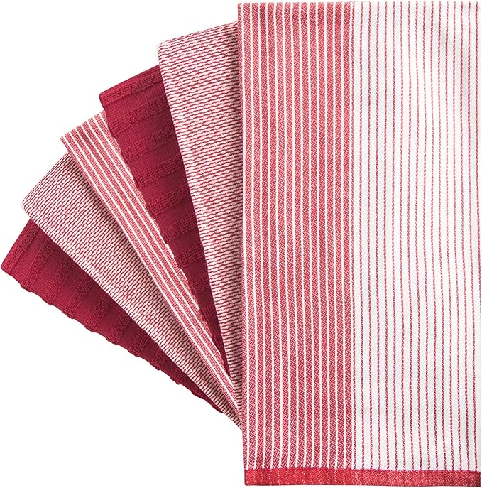 Premium Kitchen Towels (20”x 28”, 6 Pack) | Large Cotton Dish Towels | Flat & Terry Highly Absorbent Kitchen Linen Set with Hanging Loop | Red