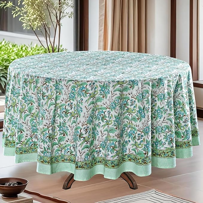 Ridhi Block Print Round Sage and Russian Green Reusable Tablecloth 100% Cotton 110" Inch Decorative Table Cover eveyday Dining, Home, Party, Wedding, Farmhouse Gift for Spring, Easter, Valentine