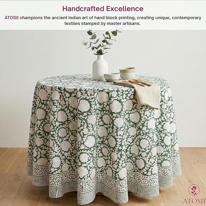 ATOSII Shalimar Green 100% Cotton Round Boho Fall Tablecloth, Handblock Floral Table Cloth Linen for Kitchen Dining I Parties Wedding Outdoors Christmas Thanksgiving I Fall Home Decor 60" Inches Round