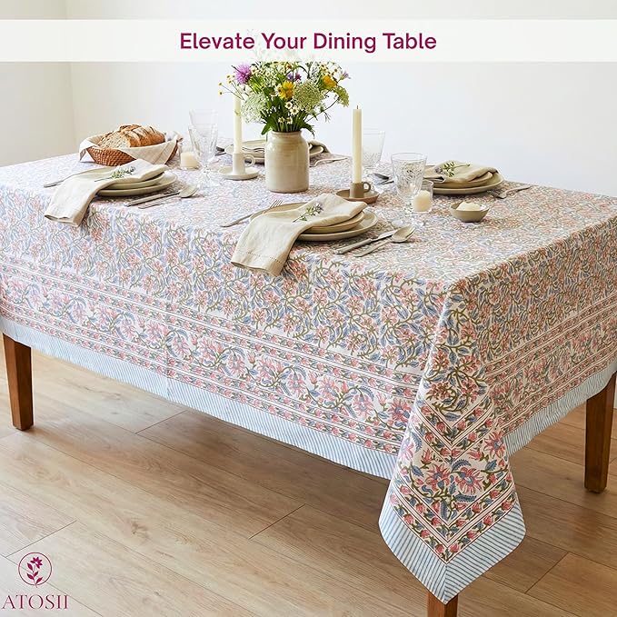 ATOSII Kalina 100% Cotton Rectangle Tablecloth, Handblock Floral Linen Table Cloth for Kitchen Dining Table I Parties Wedding Outdoors I Home Decor 60 X 90 Inches